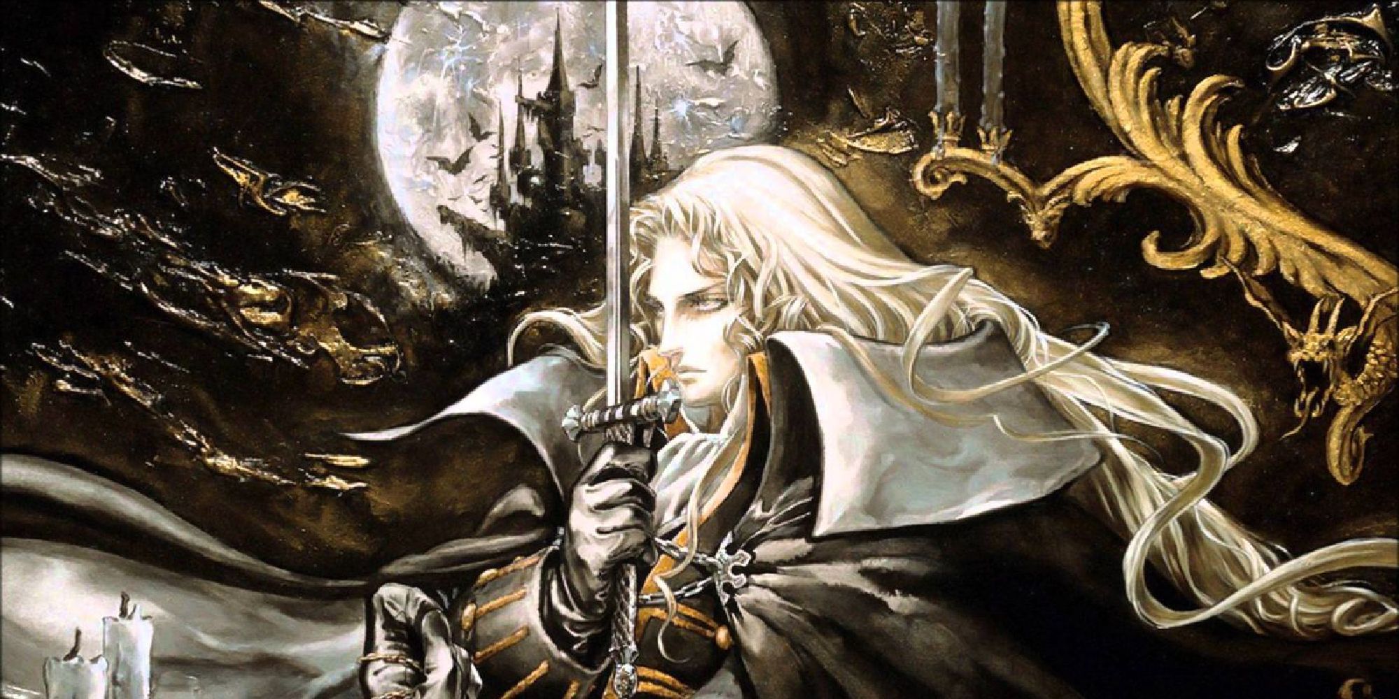 Artwork for the game depicting Alucard holding his sword upwards close to his chest, with Dracula's casle in the background, illuminated by the full moon behind it as a swarm of bats take flight.